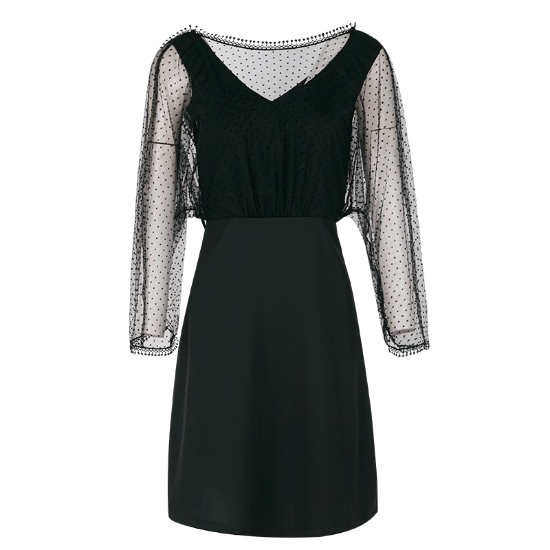 晚白 新品时尚优雅微透七分袖收腰假两件中长款连衣裙女