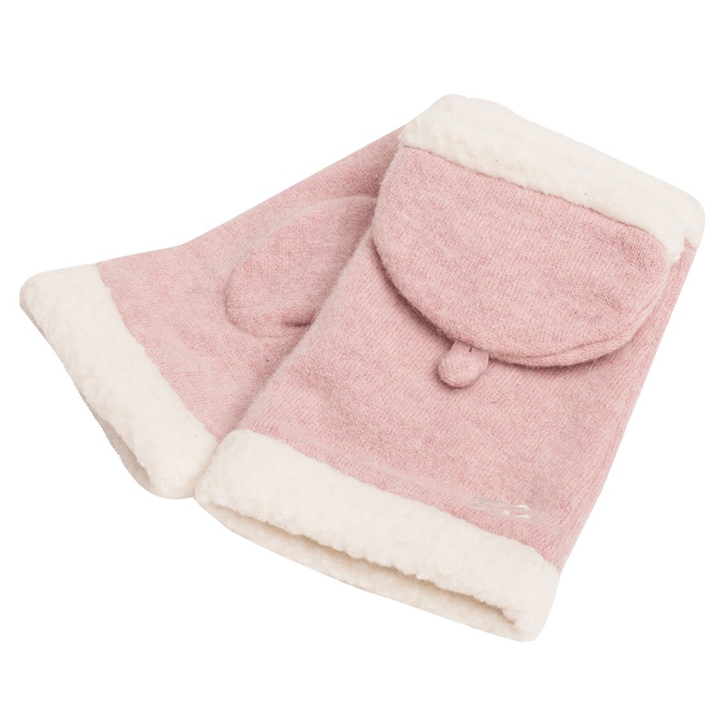 乐为手套女士半指手套羊毛加绒秋冬季天保暖露指翻盖两用可爱学生 B16FD173