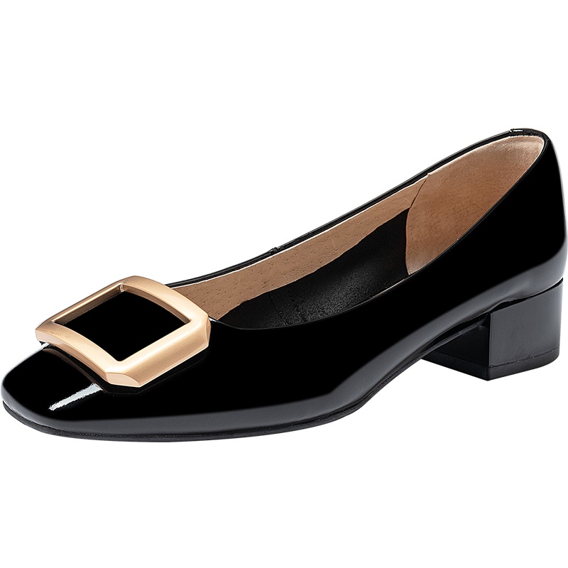 百田森秋季商场同款时尚方头方扣粗跟单鞋女方根牛漆皮中跟