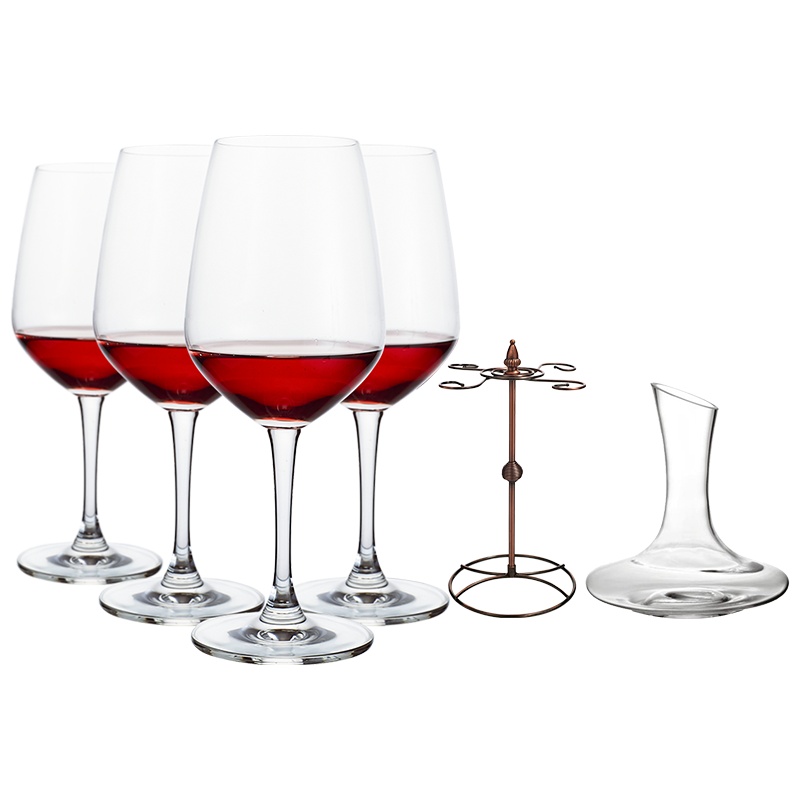 进口无铅玻璃冷切口红酒杯葡萄酒杯高脚家用酒杯370ML6只配1500ML醒酒器配酒杯架套装