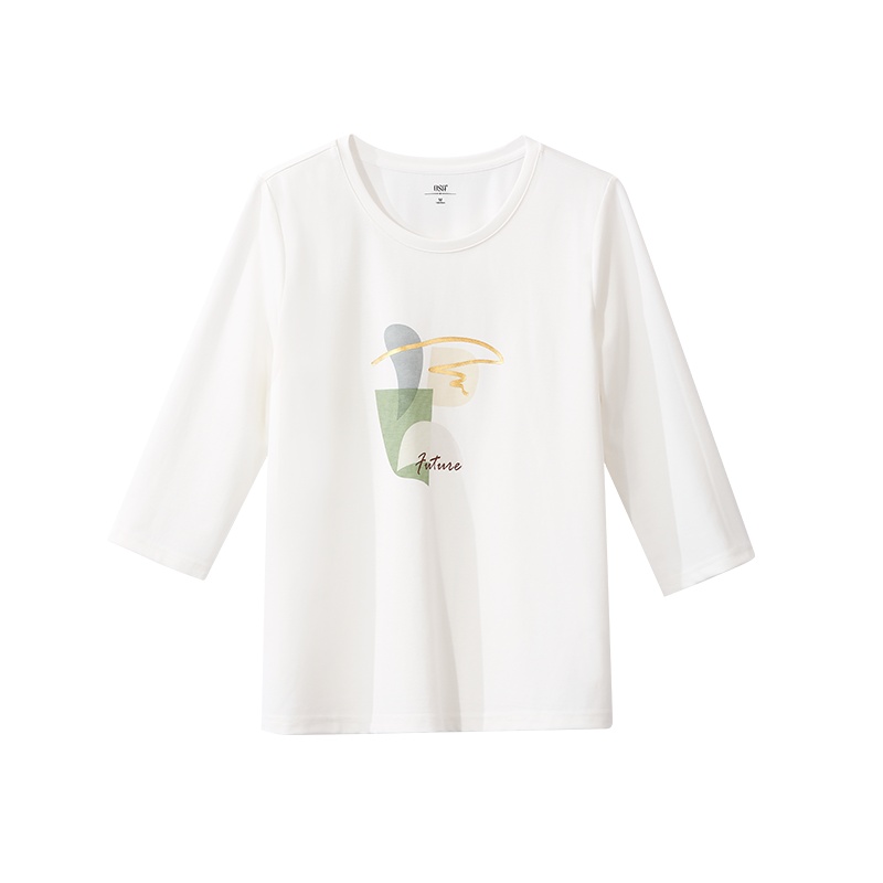 OSA春装2021年新款七分袖正肩白色T恤女印花体恤洋气百搭上衣薄夏