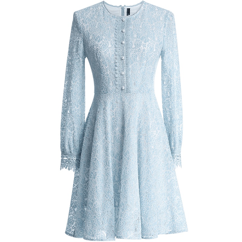 欧昵雪秋装镂空花边拼接长袖高腰蕾丝连衣裙女修身短裙