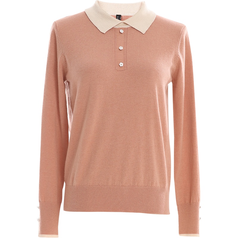 欧昵雪撞色娃娃领显瘦长袖套头针织衫上衣女打底毛衣