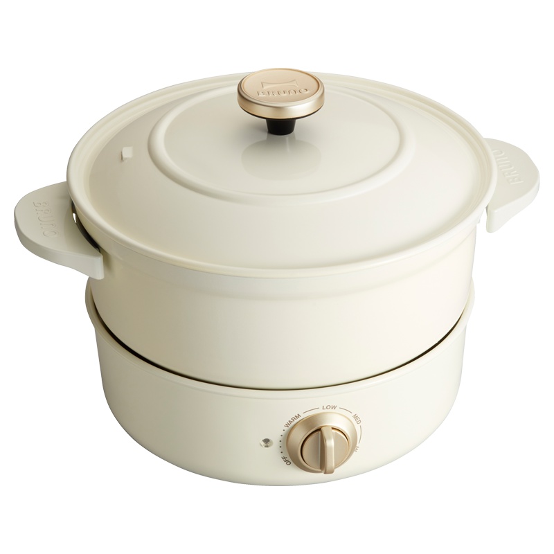 日本 BRUNO多功能煮食锅 BOE029-WH 珍珠白 圆锅家用火锅料理电热锅一体锅蒸煮电煮锅