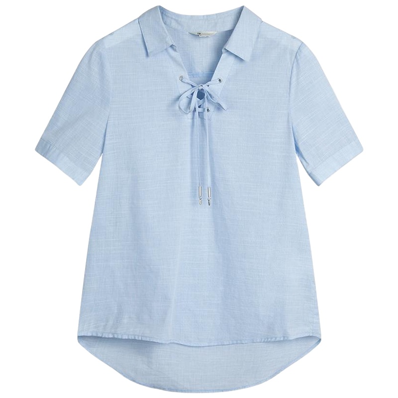 拉夏贝尔不对称衬衣夏季新款韩版百搭蝴蝶结方领短袖休闲显瘦上衣女_932 S 冰粉蓝