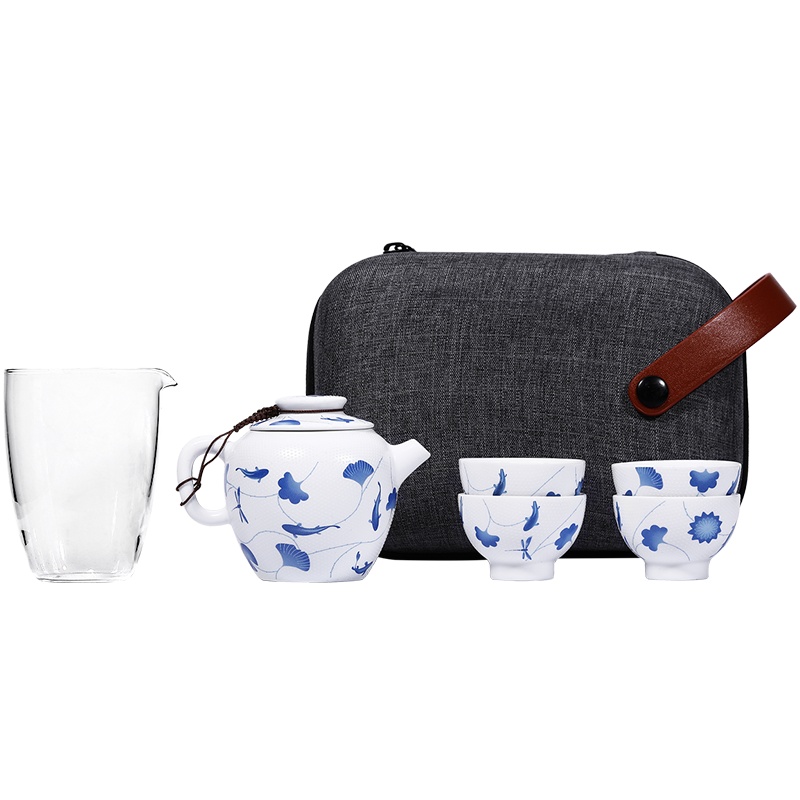 博为 旅行茶具套装 便携包户外旅游茶具套装一壶四杯快客杯 鱼戏清莲