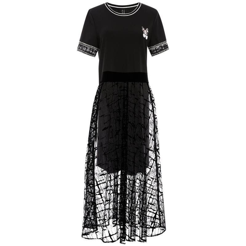 欧昵雪夏季圆领章仔图案T恤连衣裙女蕾丝半身裙两件套装