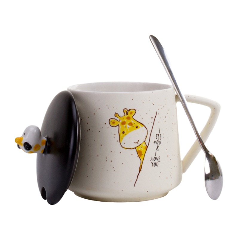 创意陶瓷杯 可爱卡通马克杯 咖啡杯牛奶杯 杯子带盖带勺杯子