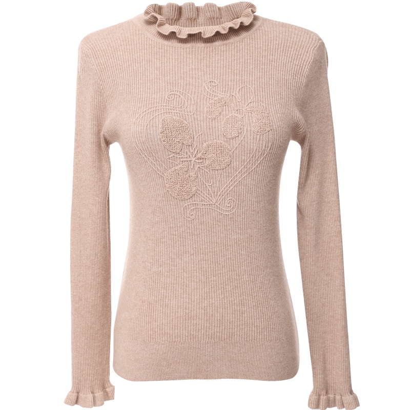 欧昵雪秋冬木耳边立领套头修身绣花毛衣女长袖打底针织衫