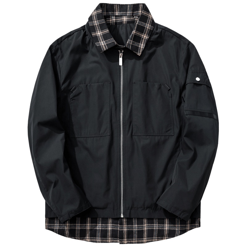 千纸鹤男士外套2019秋季新款时尚潮流格子假两件休闲夹克男30192