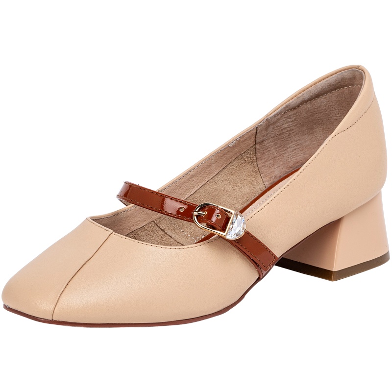 百田森商场同款2020春季新款复古玛丽珍鞋女圆头粗跟中跟单鞋女鞋