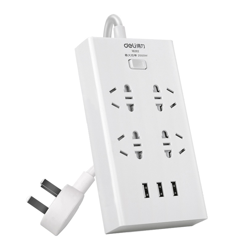 得力(deli)18282接线板 智能USB插座 插线板/插排/排插/ 3usb接口 4组合孔全长2米带保护门 白色