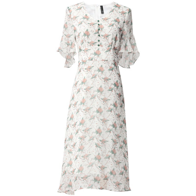 欧昵雪夏季喇叭袖V领气质高腰修身碎花雪纺连衣裙女短袖