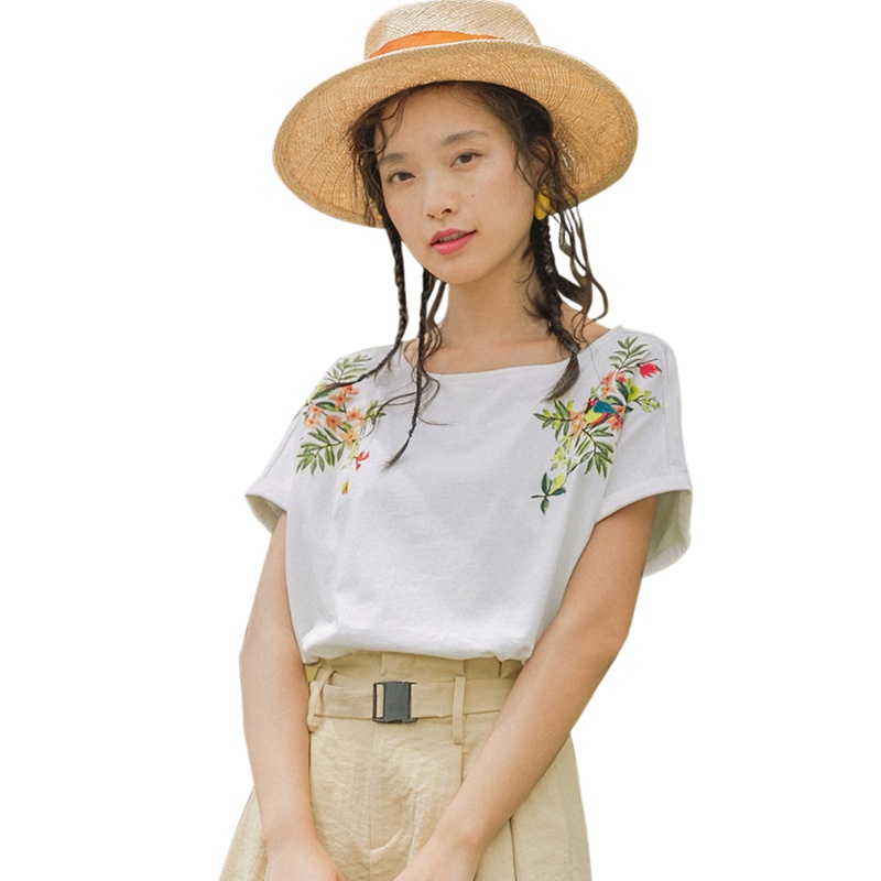 茵曼2019夏装新款提花棉布气质V领中袖绣花小清新文艺衬衫上衣女