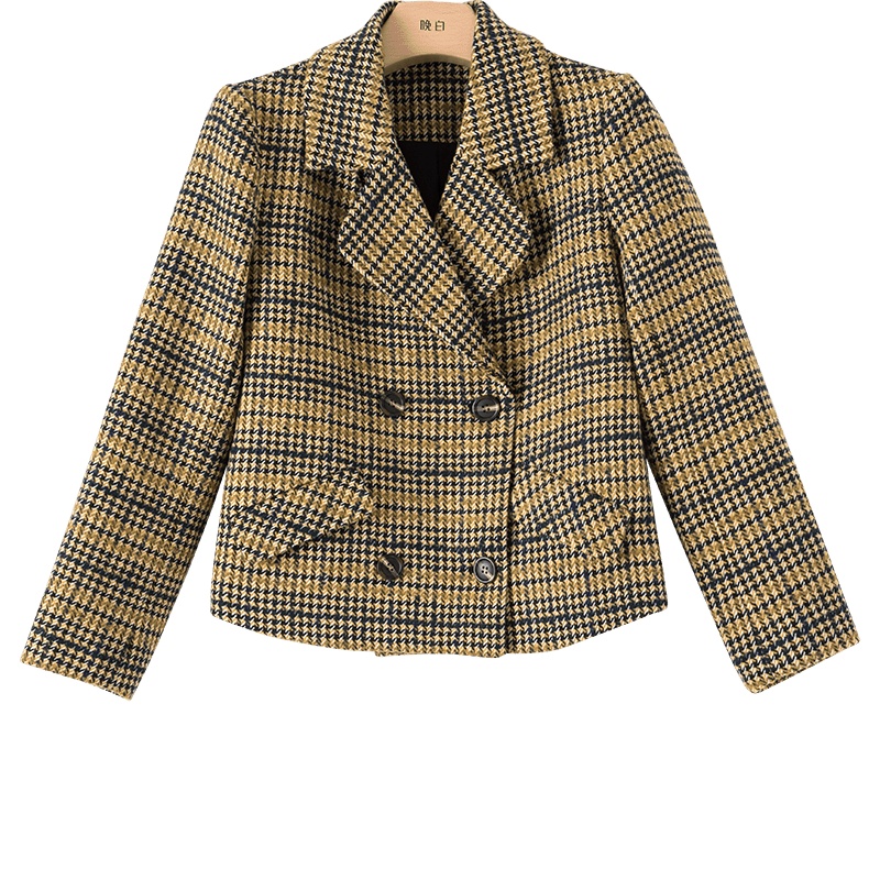 晚白2020秋冬新品学院风减龄格子常规款翻领长袖休闲毛呢外套女