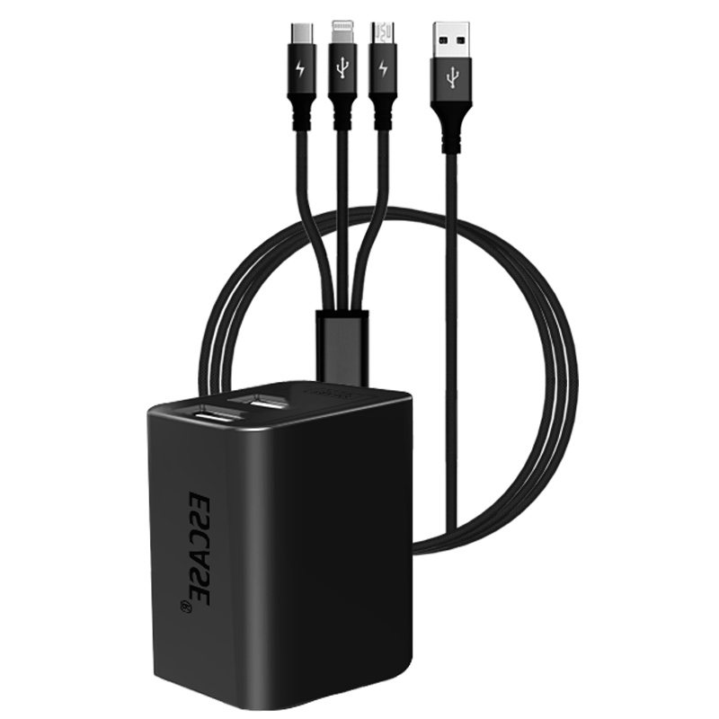 ESCASE 苹果双口折叠版手机2.4A充电器+数据线适用安卓华为快充充电头提速充电 套装线充CUC-05黑