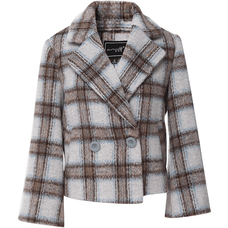 欧昵雪秋冬喇叭袖加厚格子毛呢外套女宽松短款呢大衣