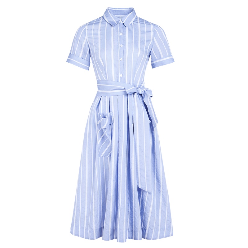晚白新品经典条纹翻领系带收腰A字大摆修身短袖连衣裙女
