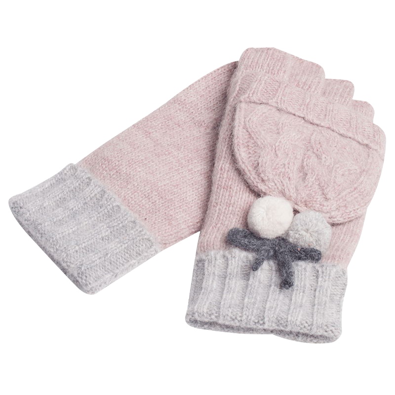 乐为毛线手套女士可爱秋冬季天羊毛半指手套双层加厚保暖翻盖两用学生韩版潮流时尚露指女式 15FD370