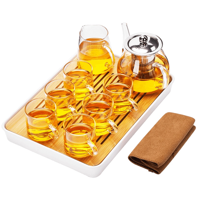 領藝 玻璃茶具套装家用红茶功夫茶杯茶台简约办公室茶壶小套茶盘 冰衔壶配悟然长方