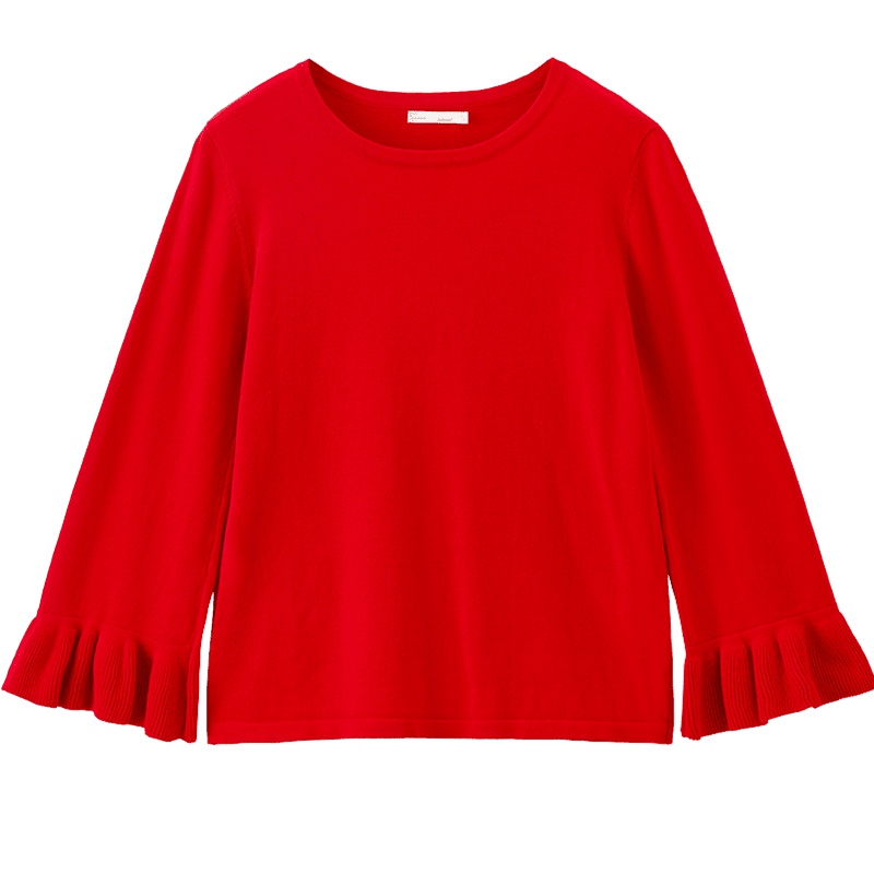 茵曼2019秋季新款纯棉套头圆领纯色优雅喇叭袖简约气质毛衣女