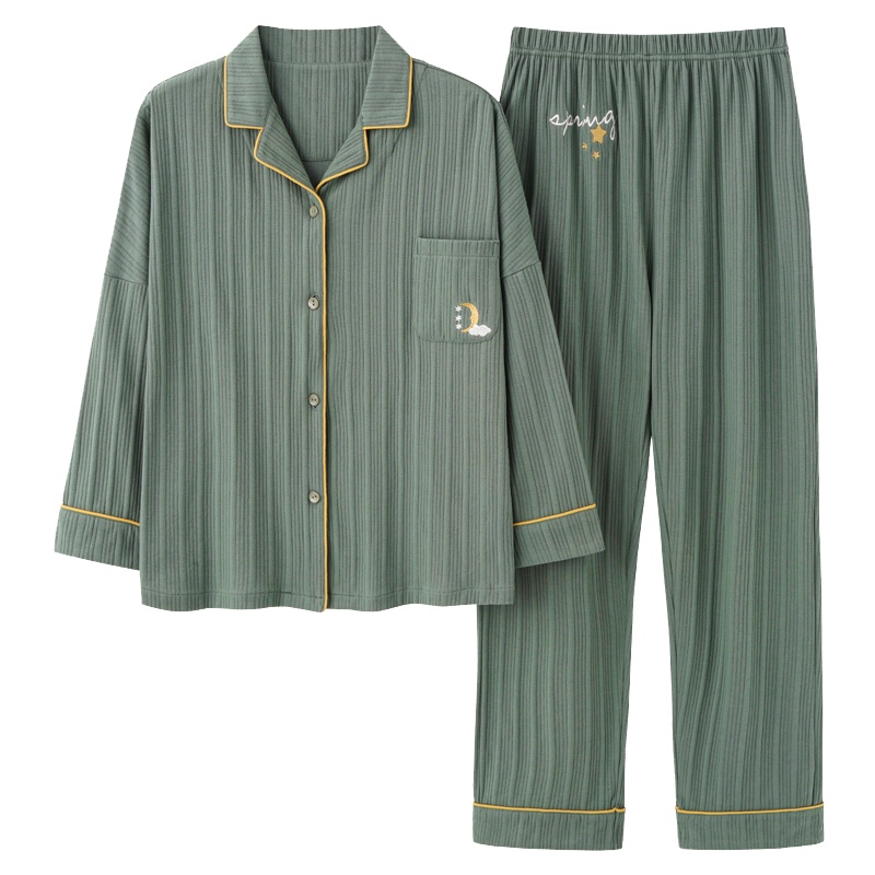 猫人新款情侣睡衣长袖棉春秋季简约女士男士薄款长裤休闲家居服套装