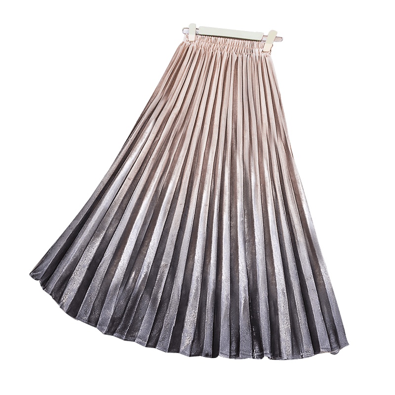 丝柏舍2019秋女收腰渐变金属色亮丝长款百褶半身裙S93B4367B