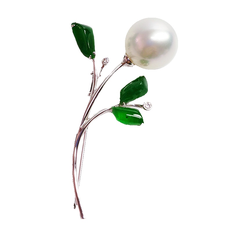 缘源珠宝 天然海水珍珠胸针18K金钻石翡翠珍珠三者完美搭配出高级珍珠胸饰 男女款