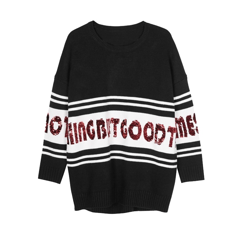 拉夏贝尔字母亮片针织衫女士冬季宽松外穿时尚上衣学生长袖套头毛衣3T084020