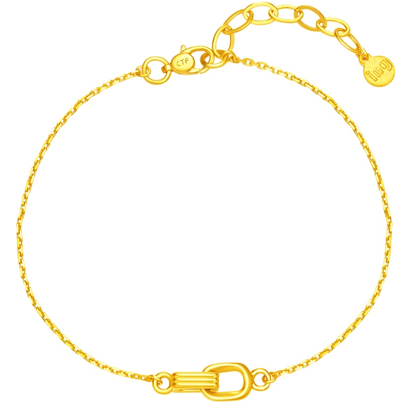 周大福ING系列复古风几何双环足金金手链计价F217309精品