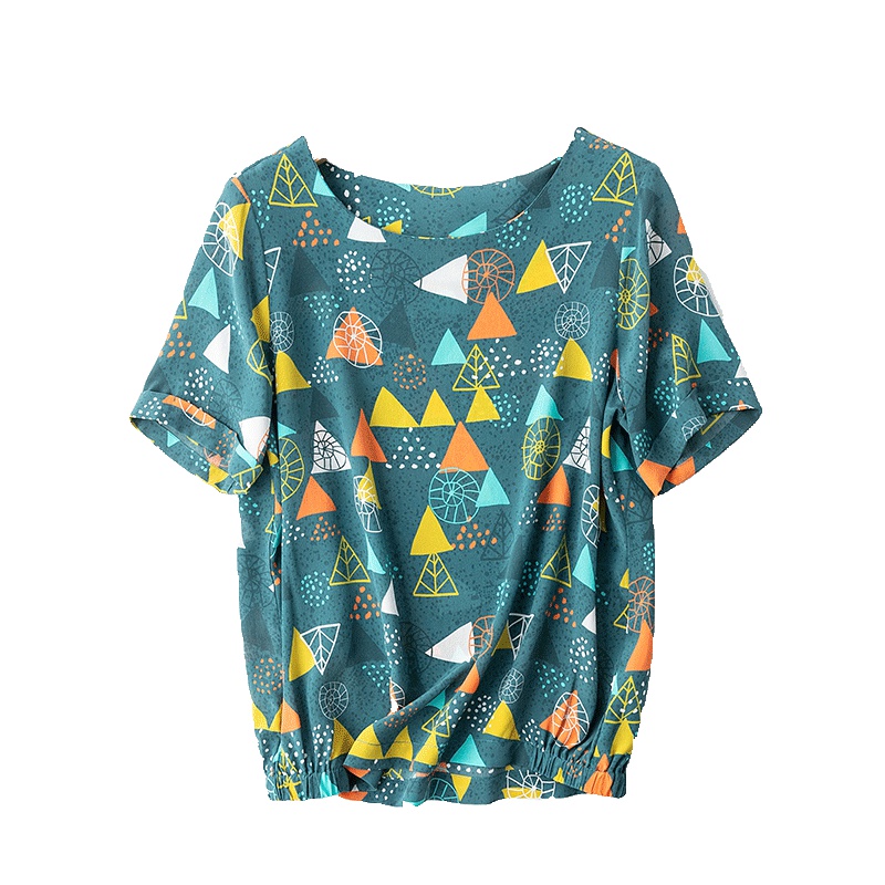 VINCIFAM2019夏装新款真丝衬衫女宽松圆领时尚桑蚕丝清新短袖t恤印花上衣