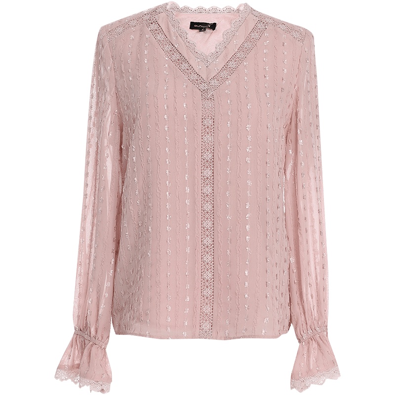 欧昵雪镂空花边V领气质喇叭袖提花雪纺衫上衣女长袖