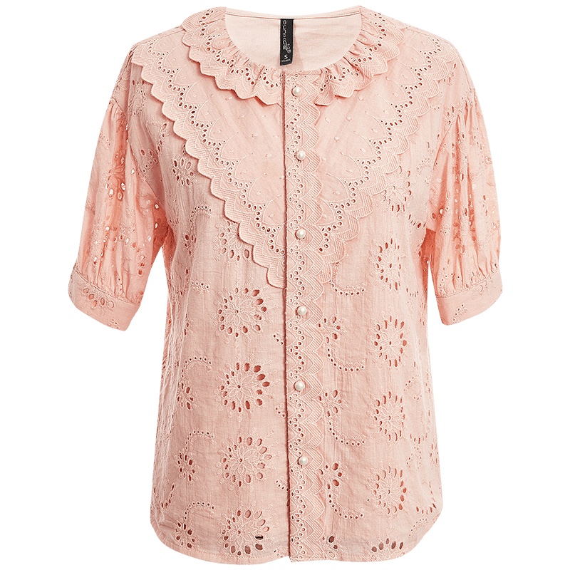 欧昵雪夏装设计感小众圆领短袖上衣女ins显瘦镂空衬衫