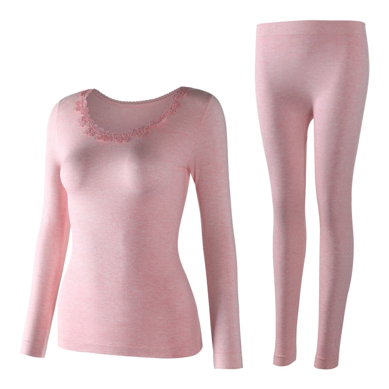 俞兆林秋衣秋裤女 薄款刺绣圆领紧身打底衣 学生无缝保暖内衣套装女