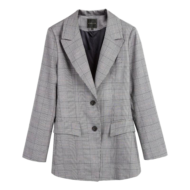 拉夏贝尔小西服女士韩版新款韩版中长款显瘦格纹复古休闲西装外套