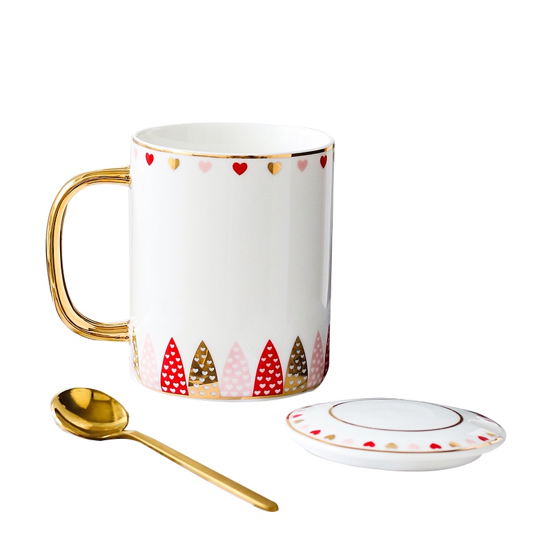 彩帮陶瓷马克杯情侣杯创意简约描金水杯茶杯咖啡杯女办公杯子带盖带勺