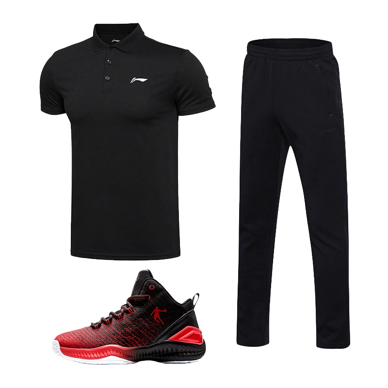 规格[李宁(T恤+运动裤)+乔丹篮球鞋 三件套]运动套装T恤运动裤篮球鞋三件套男