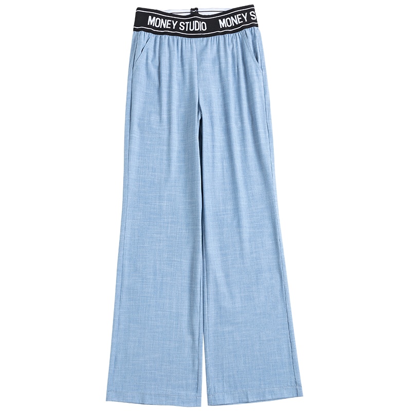 恒源祥深蓝色阔腿牛仔裤女天丝春夏字母高腰休闲裤薄款长裤