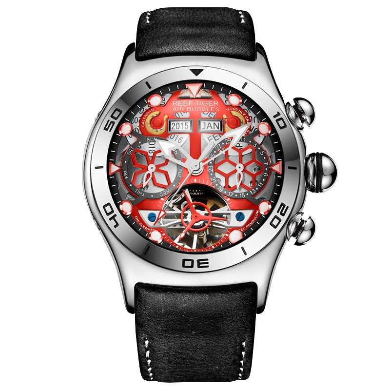 瑞夫泰格(reef tiger)疯马皮带手表男士镂空自动机械表男表个性表大表盘多功能手表大气防水球面玻璃RGA703