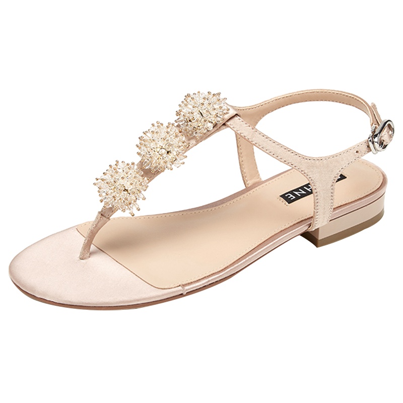 达芙妮夏季新款甜美水钻T字带粗跟格利特约会鞋