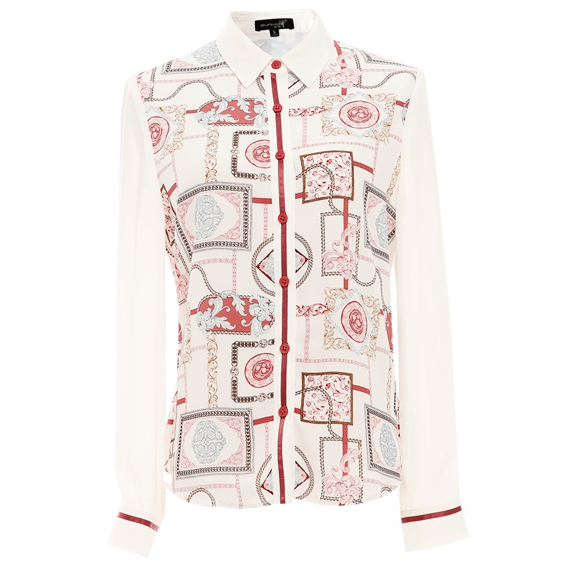 欧昵雪复古Polo领显瘦印花衬衫女洋气时尚长袖上衣