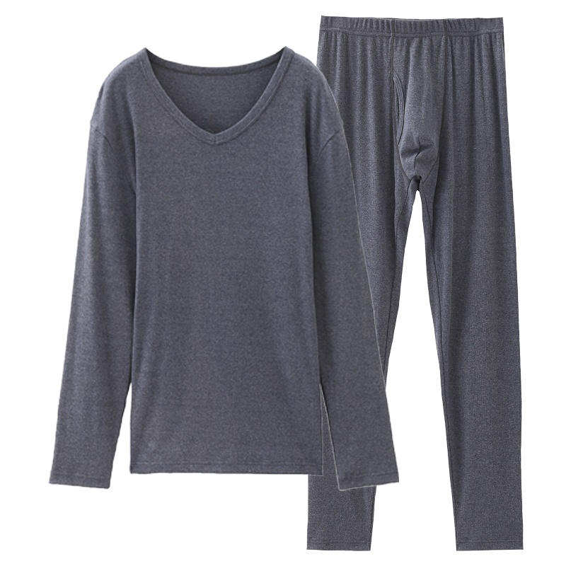 都市丽人百搭V领纯色竖条螺纹舒适长袖秋衣秋裤男士保暖内衣套装4W8104