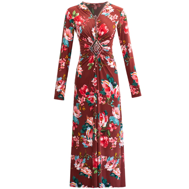 复古连衣裙女2021秋季新款V领长袖褶皱收腰钉珠镶钻修身长裙