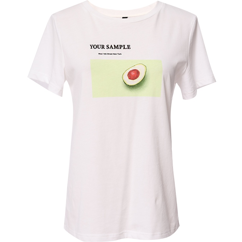 欧昵雪夏季圆领字母牛油果印花短袖T恤女显瘦纯棉上衣