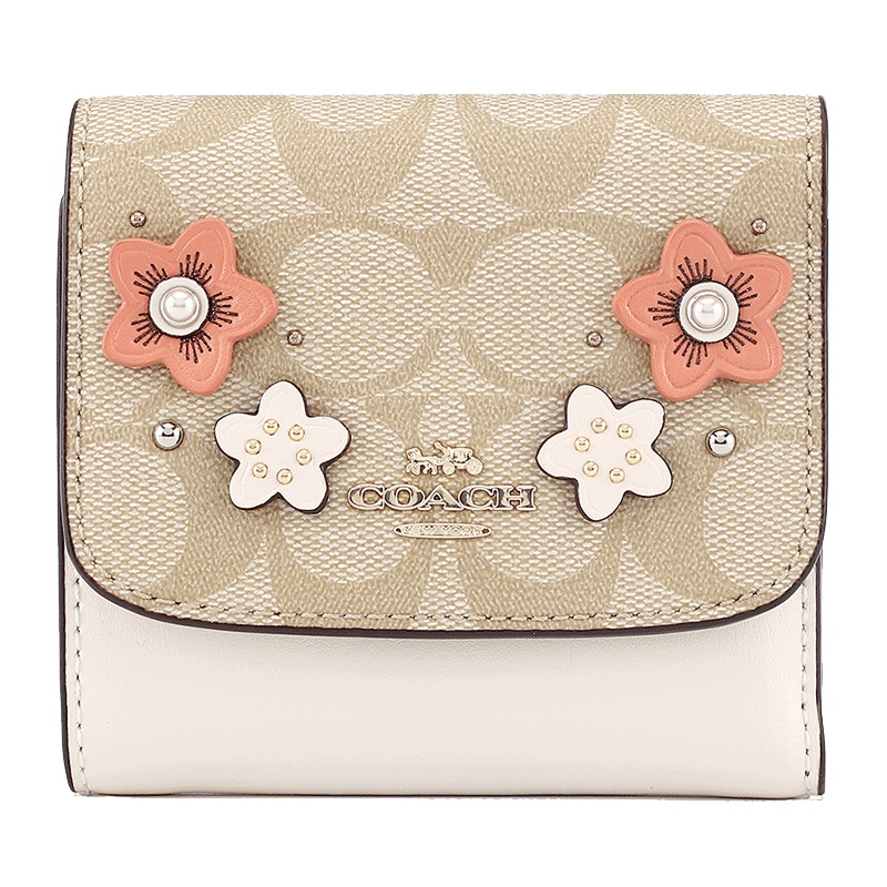 COACH 蔻驰 奢侈品 女士卡其白色皮革短款钱包钱夹
