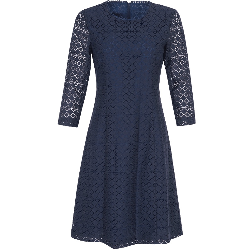 晚白2021春季新品时尚简约圆领修身显瘦纯色A字蕾丝裙连衣裙女