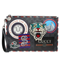 [海外直邮]GUCCI古驰男女通用古奇2019新款黑灰贴花刺绣情侣手拿包496346 9F25N 1073