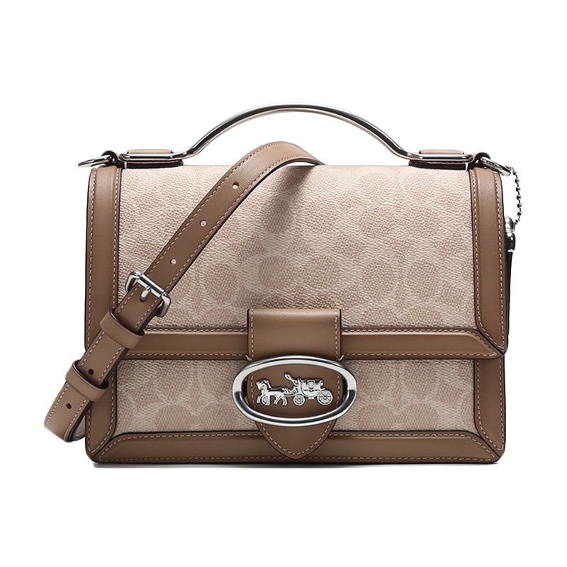 COACH 蔻驰 奢侈品 女士RILEY系列浅棕拼色马车图案涂层帆布配皮手提单肩斜挎包 73937 LHPVT