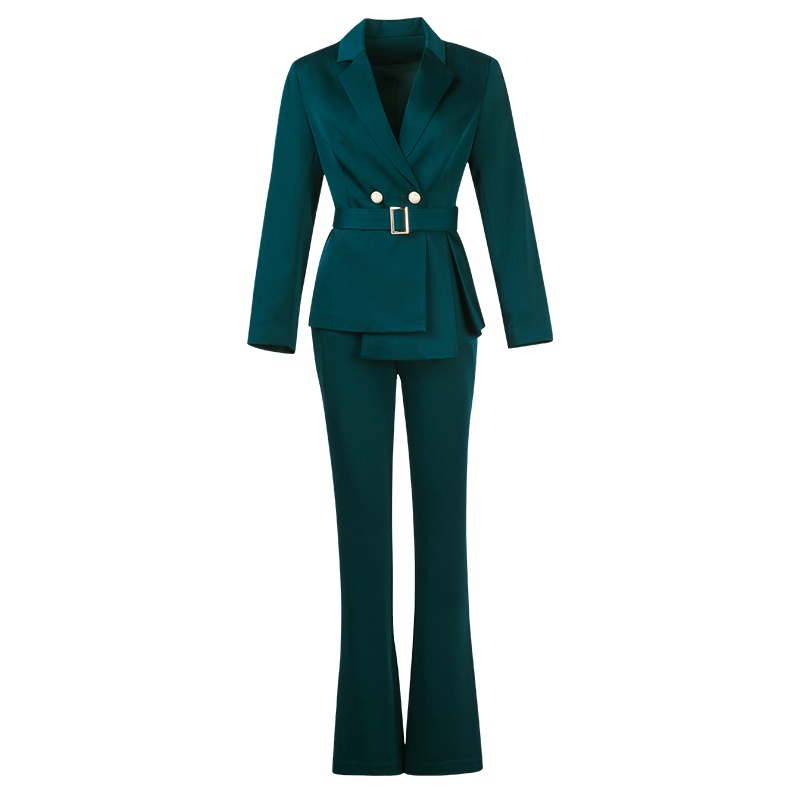 晚白2019秋新品套装修身纯色西装外套高腰喇叭裤西裤职业两件套女