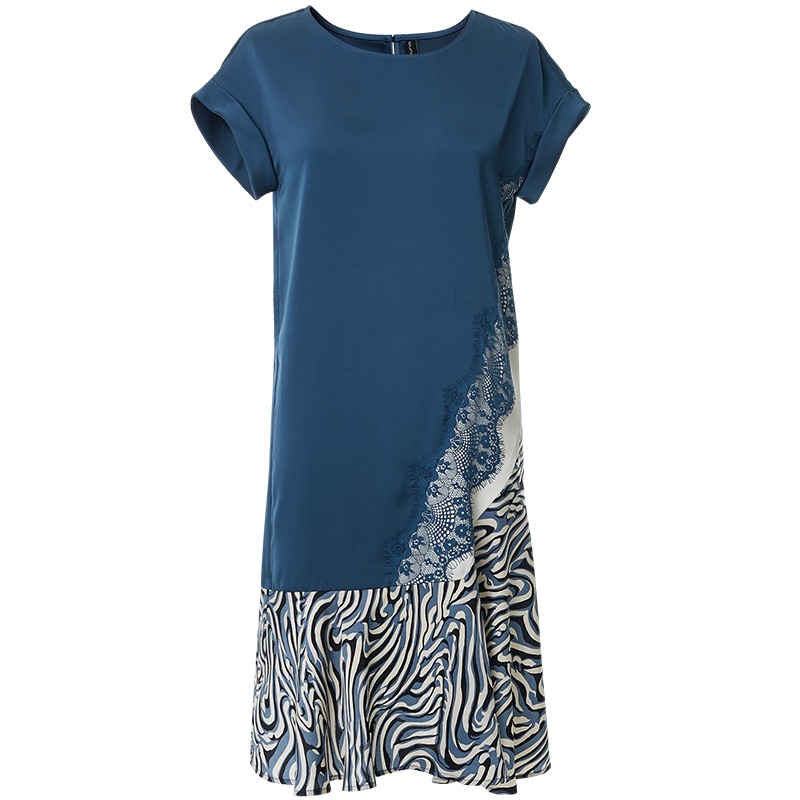 欧昵雪不规则拼接裙摆T恤裙夏时尚圆领宽松休闲连衣裙女